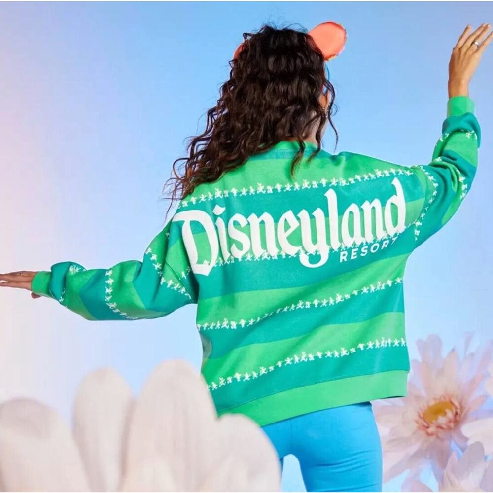 Disney Sweatshirt Mickey and Friends Pullover Green Striped Puff Print Large